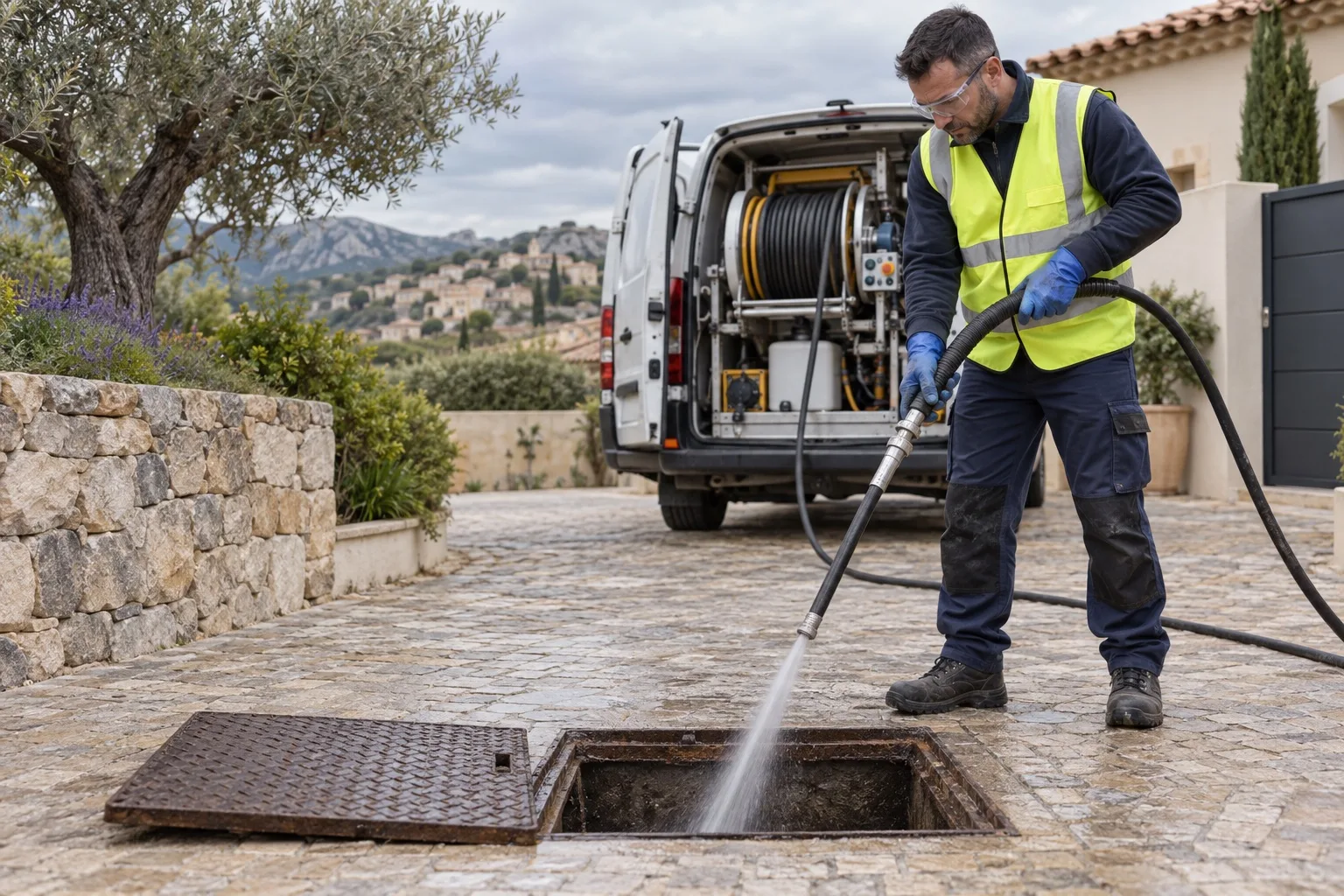 Illustration d’un équipement de nettoyage de canalisation dans un environnement résidentiel